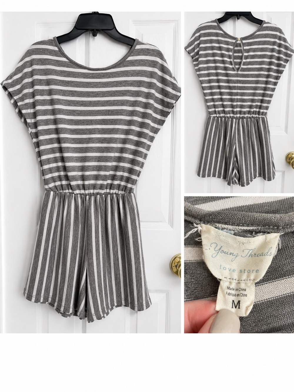 Young Threads Gray & White Striped Romper | Size Medium